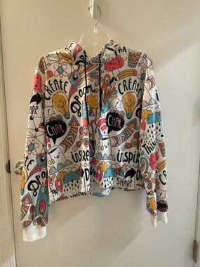 Graphic Doodle Zip Hoodie in White with Multicolor Print